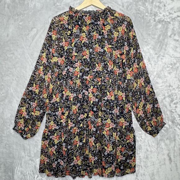 LOFT Dress Womens Medium Black Floral Long Sleeve Ruffle Neck Boho Tunic Lined - Picture 3 of 13